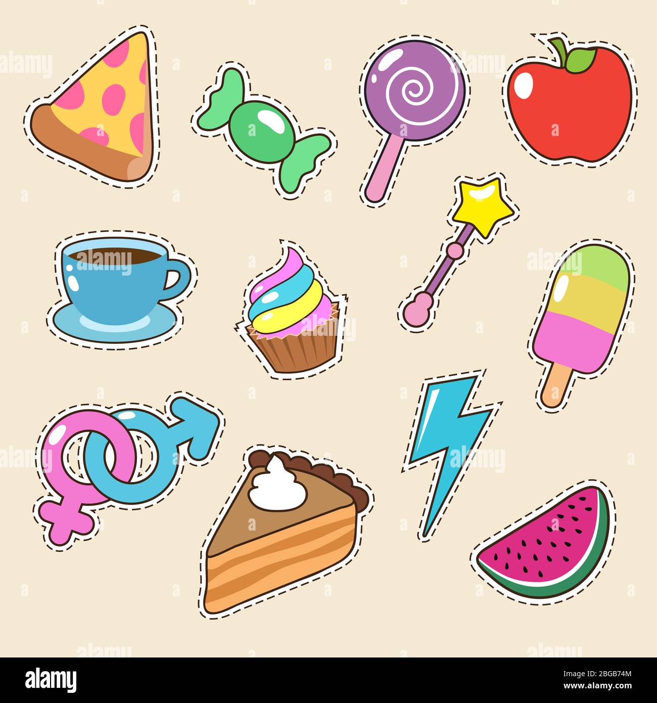 Icônes vectorielles des autocollants de fruits, pizzas, café et bonbons. Collection de patchs de mode pour fille. Illustration de la nourriture de bonbons, caramel et café colorés, pizza et pomme Illustration de Vecteur