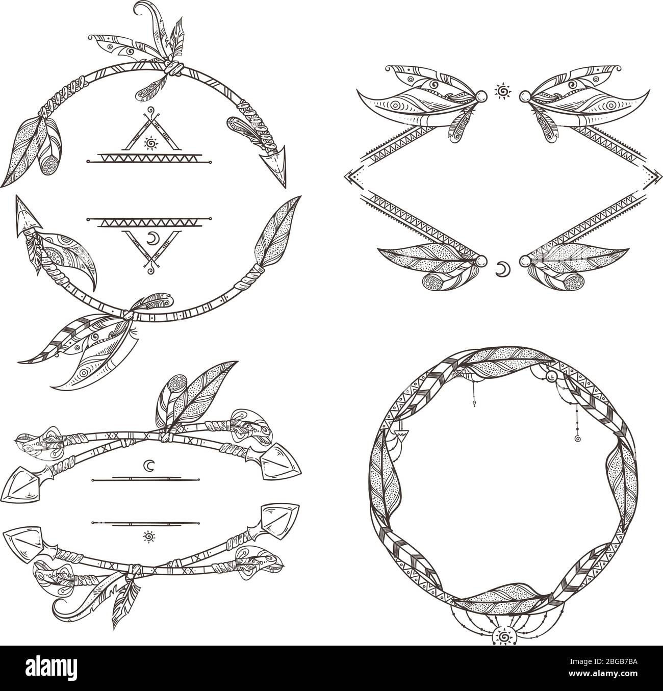 Cadres ensemble de flèches plumes et autres éléments décoratifs de style boho. Illustrations vectorielles Illustration de Vecteur