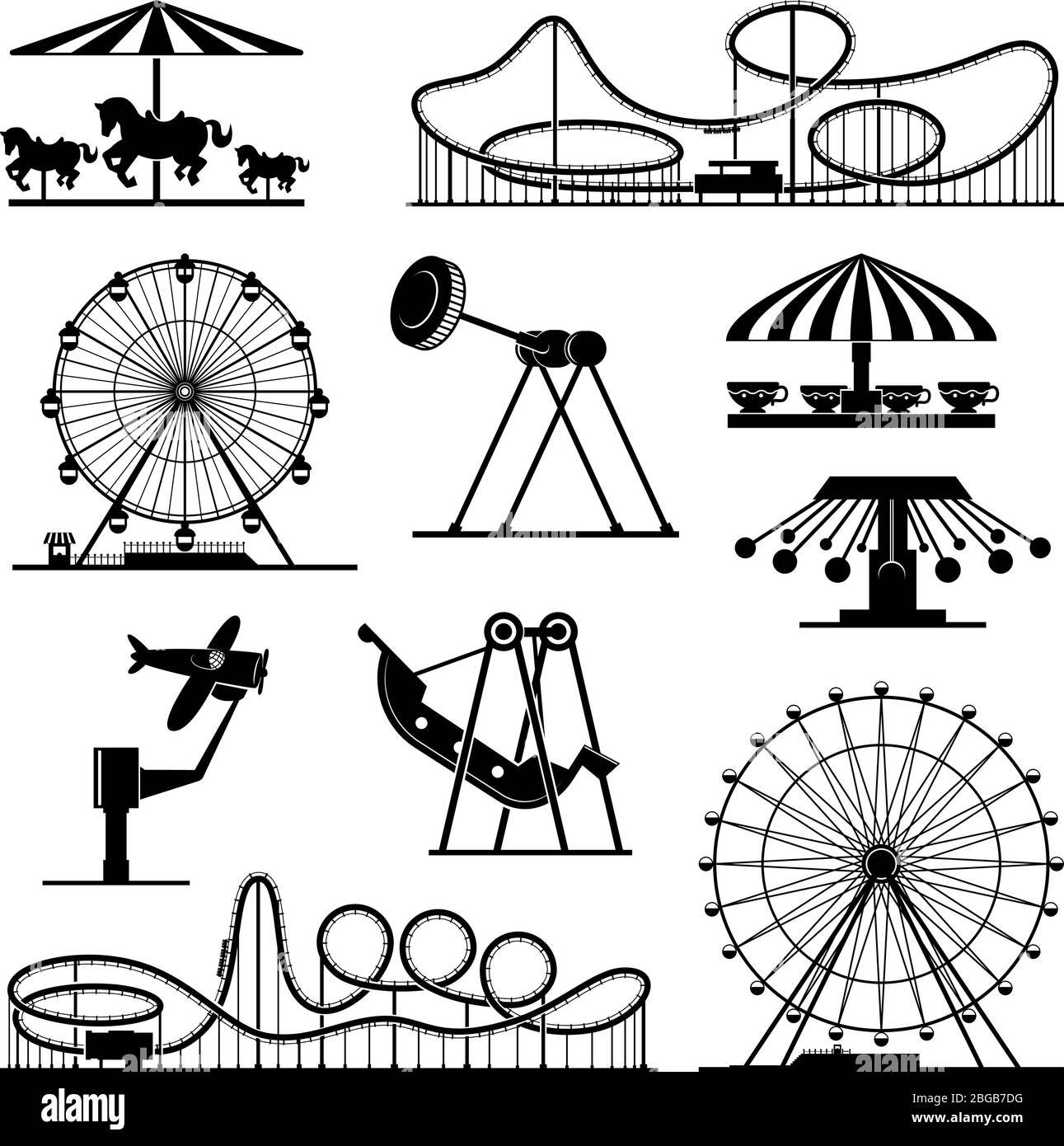Icônes vectorielles de différentes attractions du parc d'attractions Illustration de Vecteur