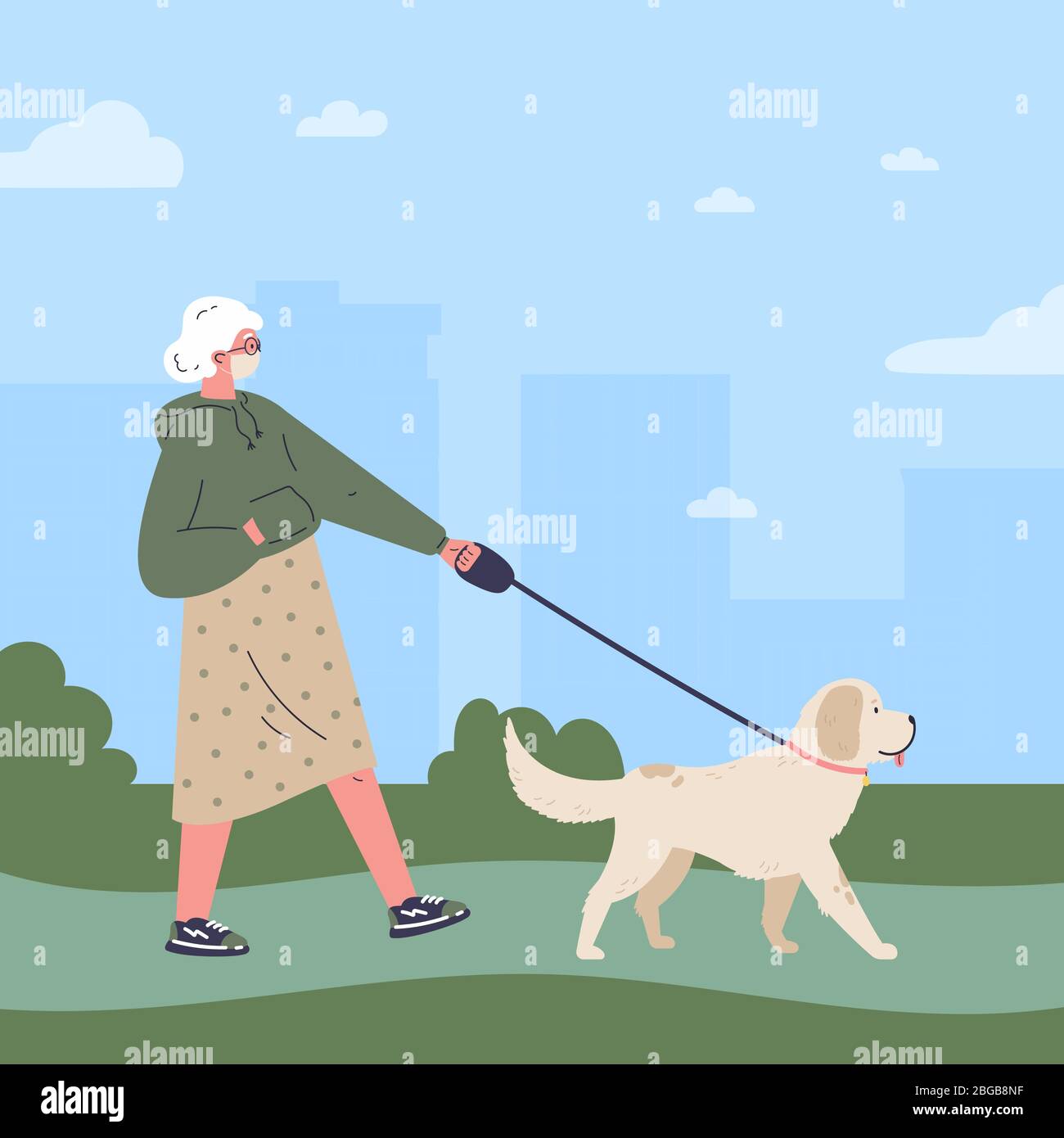 Vieille femme dans un masque médical blanc marchant un chien Illustration de Vecteur