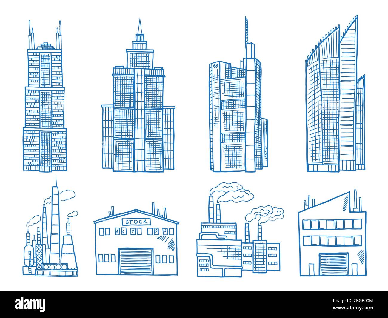 Différents bâtiments modernes avec bureaux, industrie et usines illustrations dessinées à la main Illustration de Vecteur