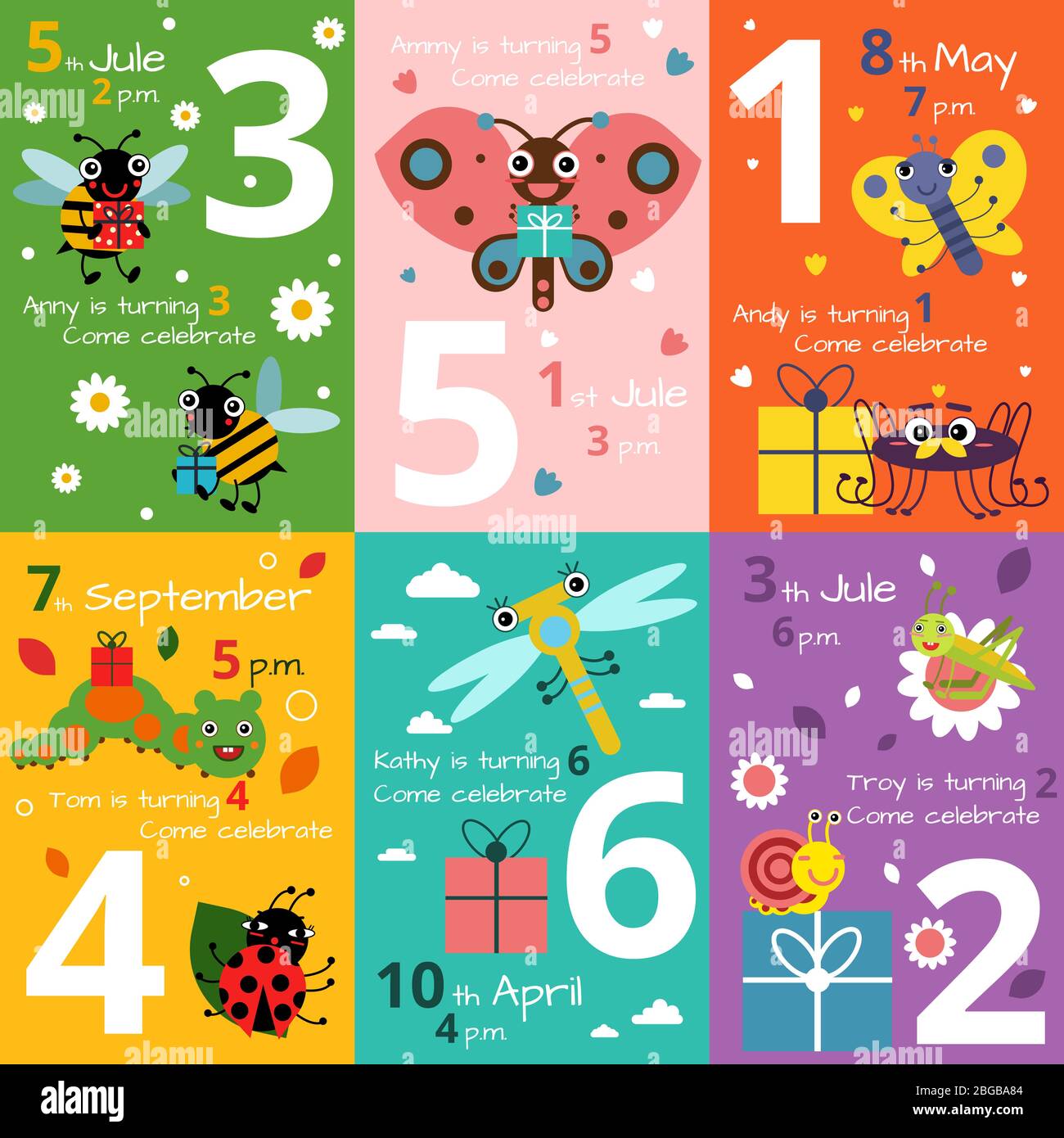 Cartes d'invitation pour enfants anniversaire avec des illustrations d'insectes et de bugs drôles. Images vectorielles Illustration de Vecteur