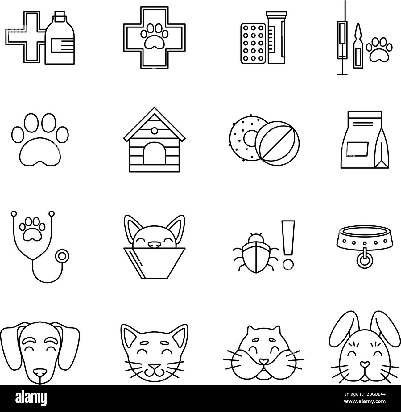 Jeu d'icônes linéaires de la clinique vétérinaire. Différents outils de soins pour animaux de compagnie. Les images vectorielles s'isolent en blanc Illustration de Vecteur