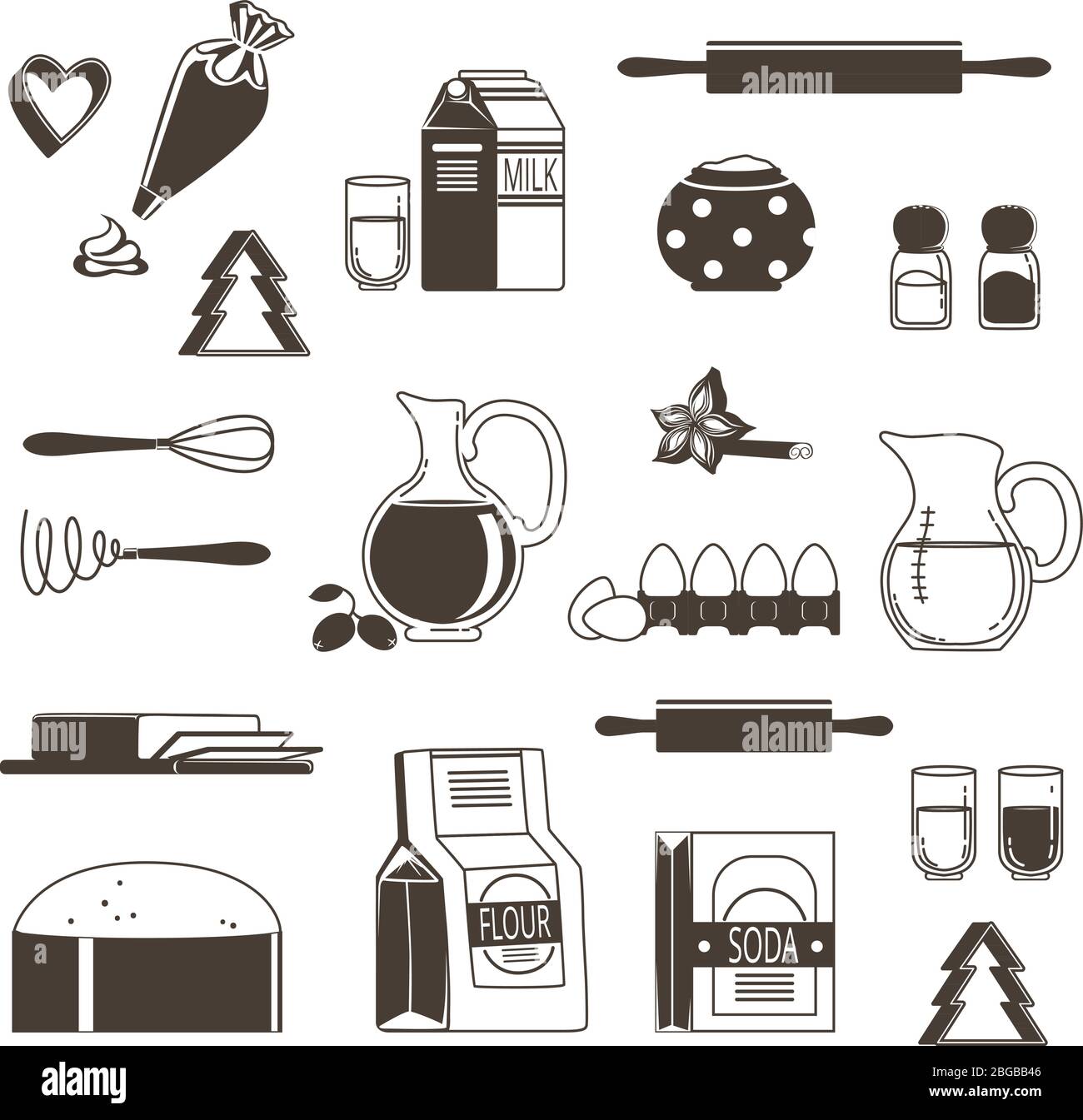 Ingrédients alimentaires pour la cuisson et la cuisson. L'illustration vectorielle monochrome s'isole sur le blanc Illustration de Vecteur
