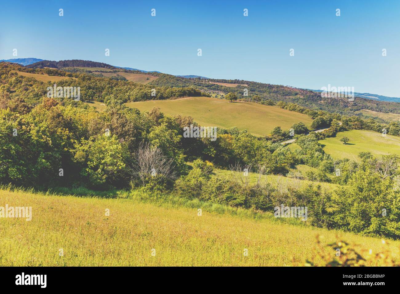 Magnifique paysage printanier. Paysage avec montagnes et vallée, une journée ensoleillée. Vue depuis les champs ensoleillés sur les collines ondulantes de Toscane, Italie Banque D'Images