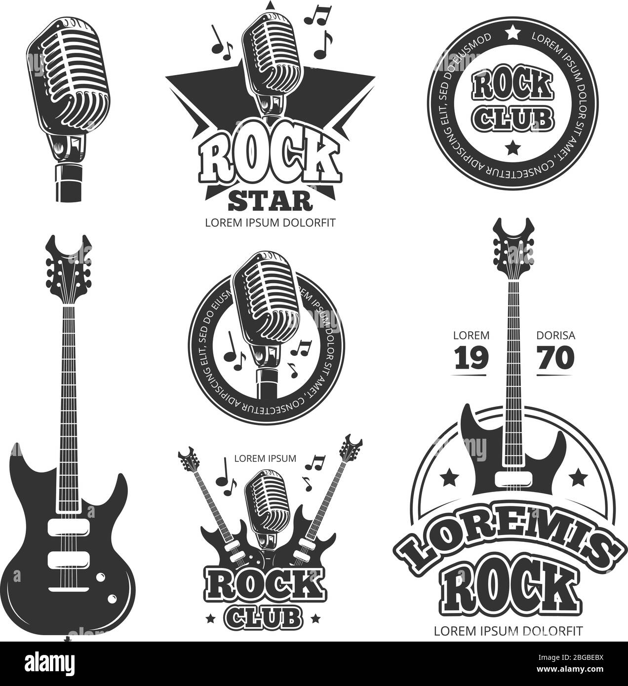 Étiquettes vectorielles de musique rock et de rouleau vintage, emblèmes, insignes, autocollants avec guitare et silhouettes de haut-parleur Illustration de Vecteur