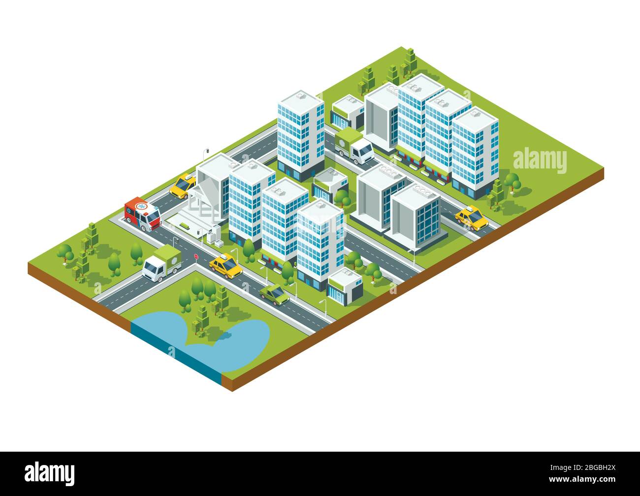 Perspective isométrique ville avec des rues, des maisons, des gratte-ciel, des parcs et des arbres Illustration de Vecteur