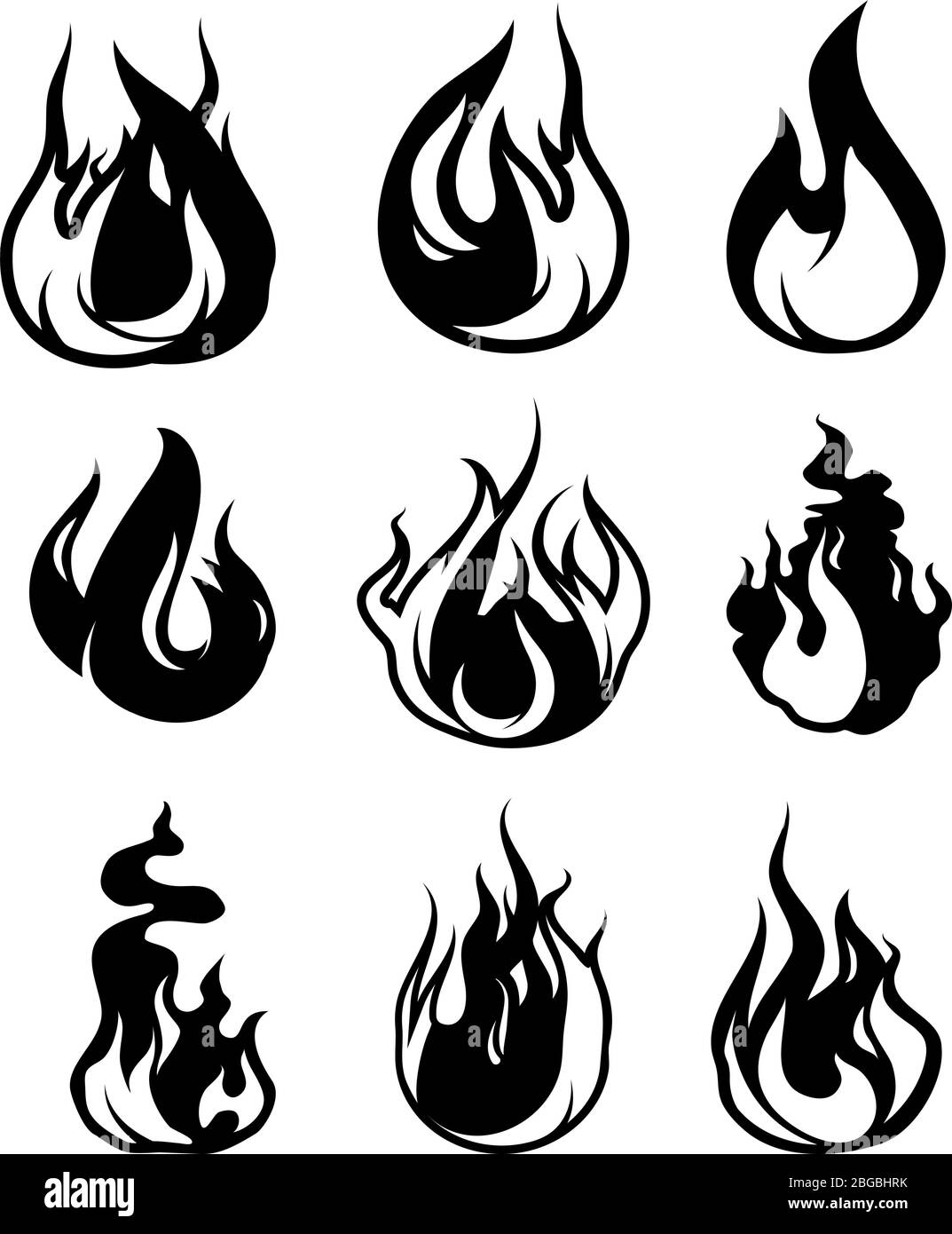 Symboles monochromes de flamme. Les icônes vectorielles noires s'isolent en blanc Illustration de Vecteur