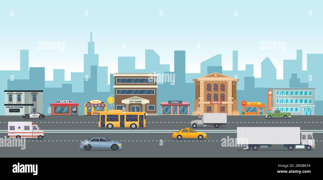 Paysage urbain avec bâtiments modernes et places de marché. Différentes voitures dans la rue. Illustrations vectorielles en style dessin animé Illustration de Vecteur