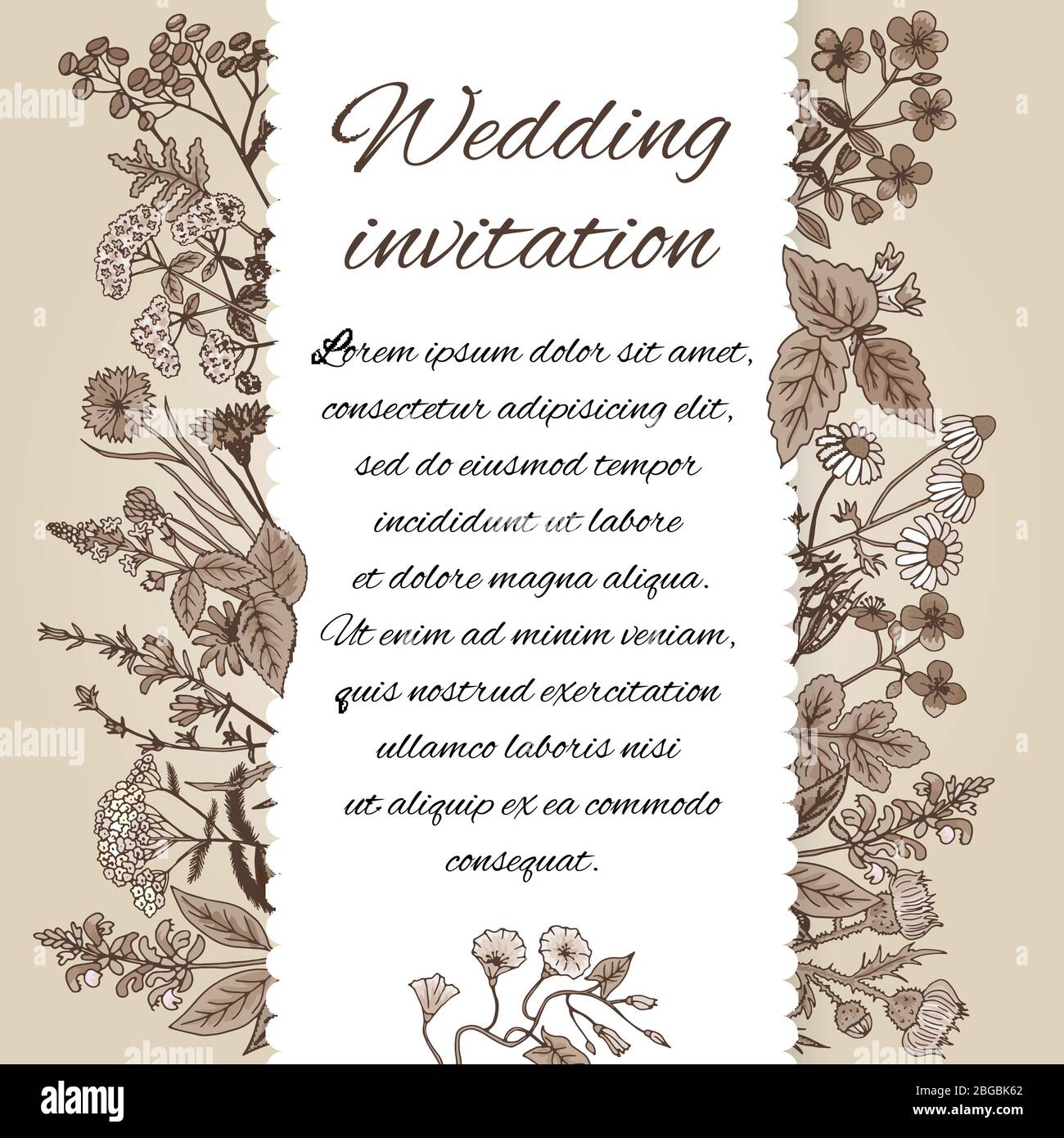 Modèle d'invitation de mariage dans un style vintage. Il y a un emplacement  pour le texte. Décoration d'invitation à base d'herbes dessinées à la main  et de fleurs différentes dans un sépia