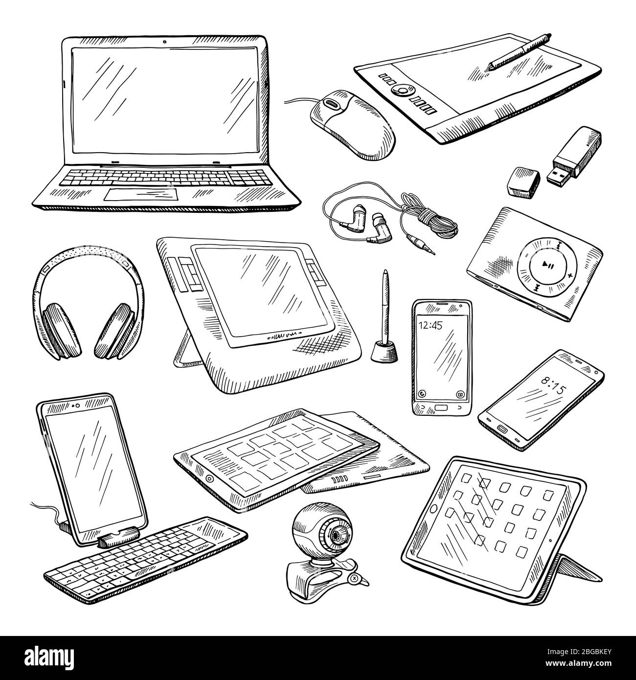 Différents gadgets informatiques. Les illustrations vectorielles Doodle s'isolent sur le blanc Illustration de Vecteur