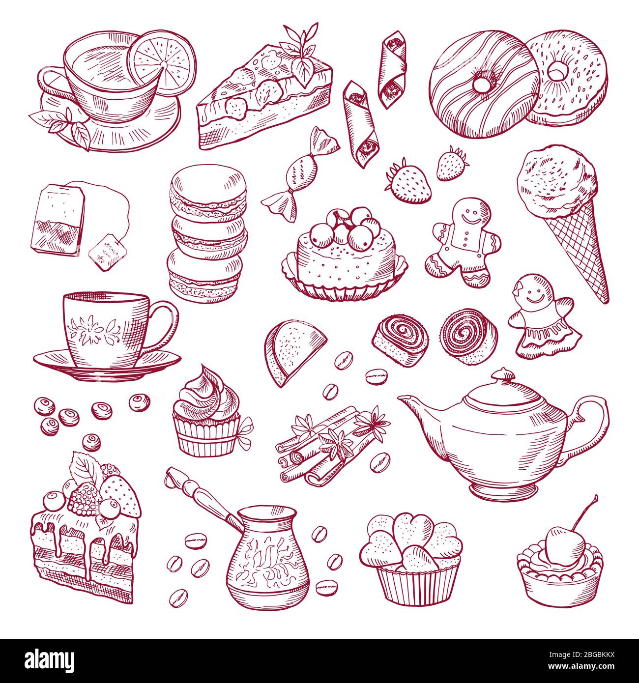 Thé et café différents éléments. Bonbons, cupcakes. Illustrations vectorielles dessinées à la main Illustration de Vecteur