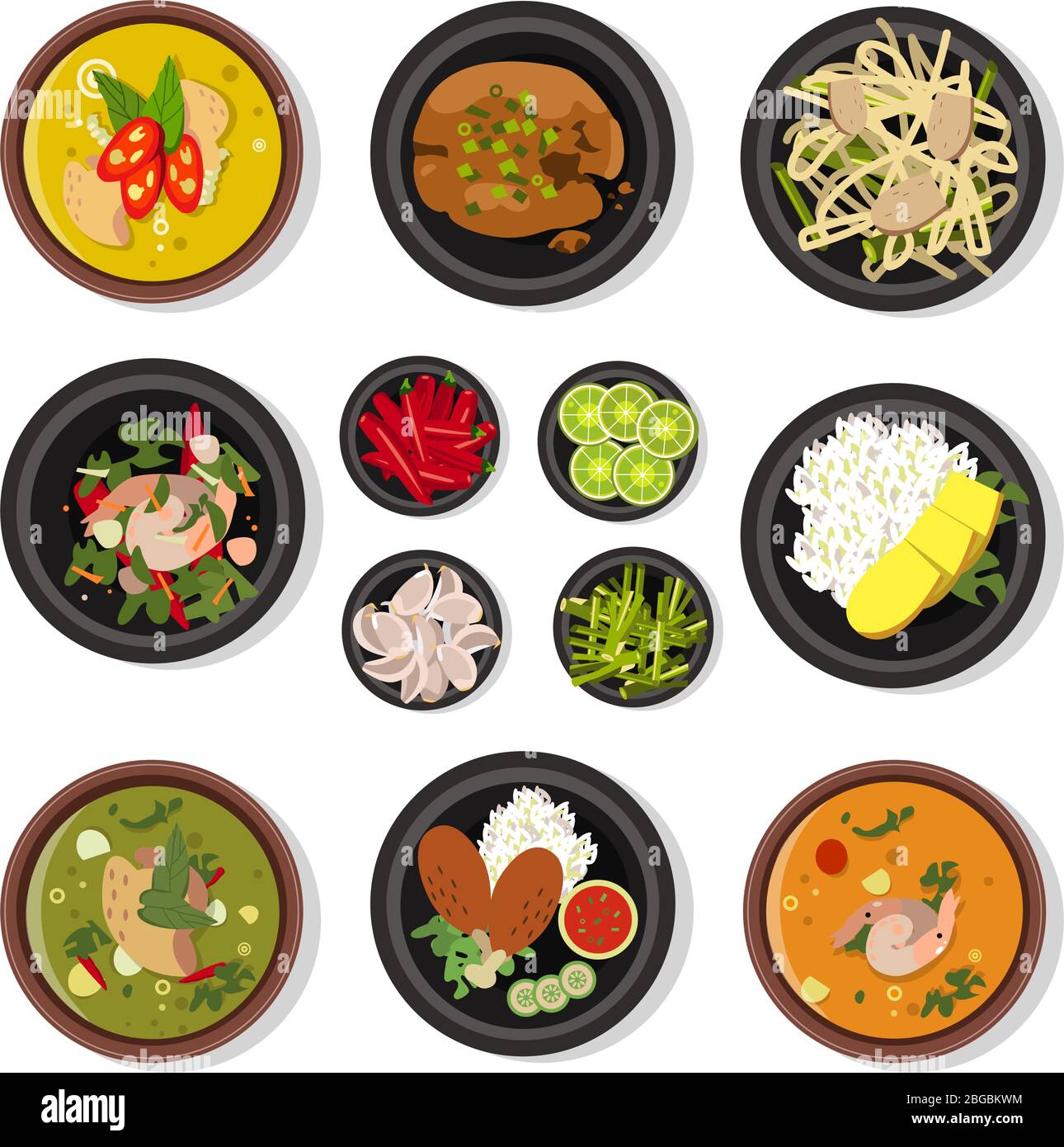 Illustrations vectorielles de la cuisine thaïlandaise. Les icônes vectorielles s'isolent sur le blanc Illustration de Vecteur