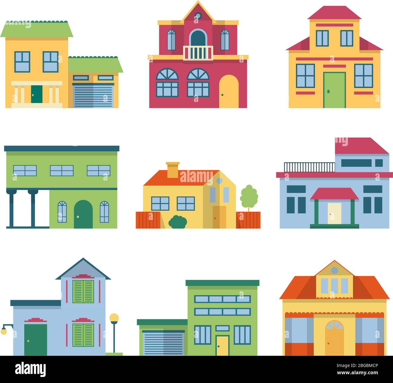 Maisons colorées et différentes à la façade moderne. Jeu d'illustrations vectorielles de vue avant Illustration de Vecteur