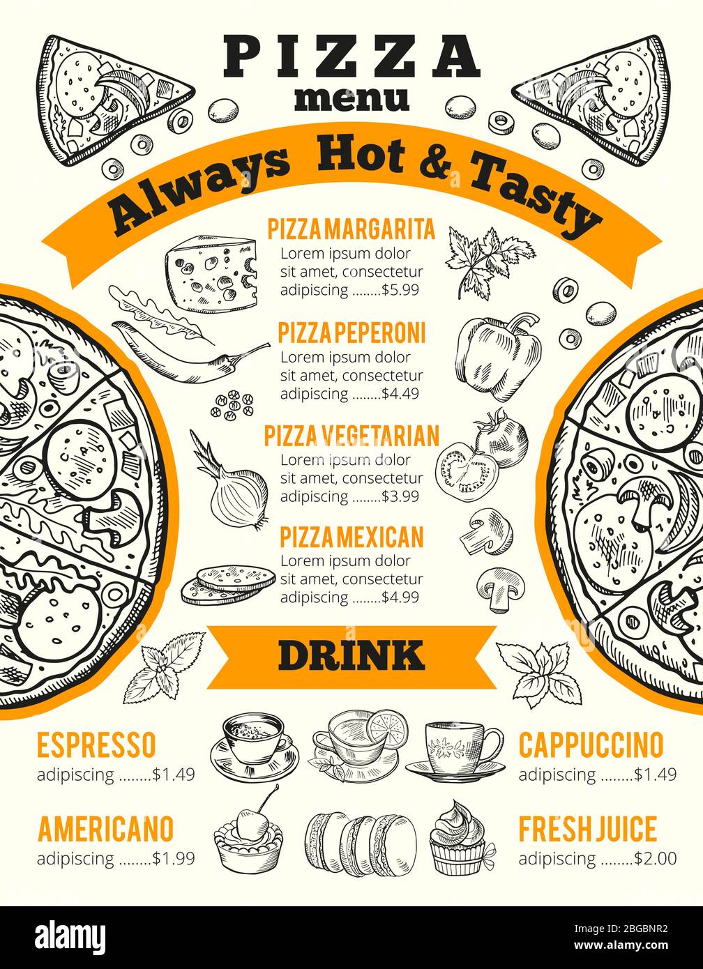 Modèle de conception pour menu pizzeria. Illustrations vectorielles monochromes Illustration de Vecteur