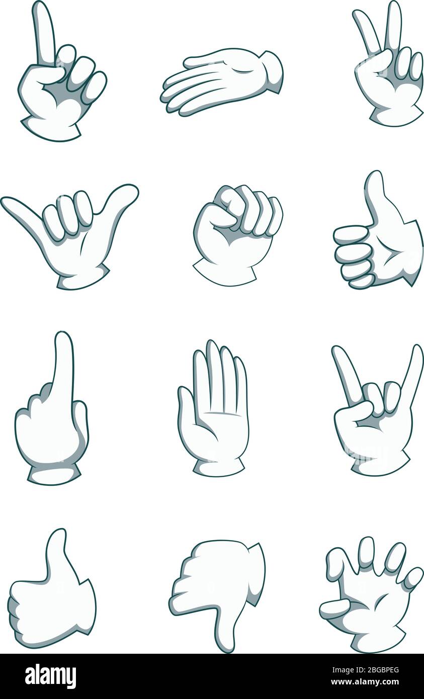 Mains de dessin animé dans différentes positions. Les illustrations vectorielles de la partie du corps s'isolent sur le blanc Illustration de Vecteur