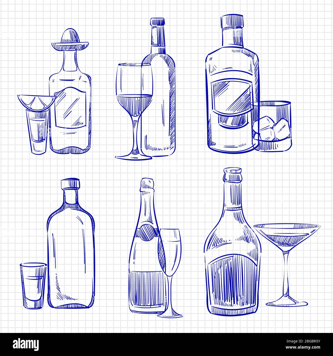 Boissons populaires dessinées à la main - stylo bille croquis des bouteilles d'alcool et des verres. Illustration vectorielle Illustration de Vecteur
