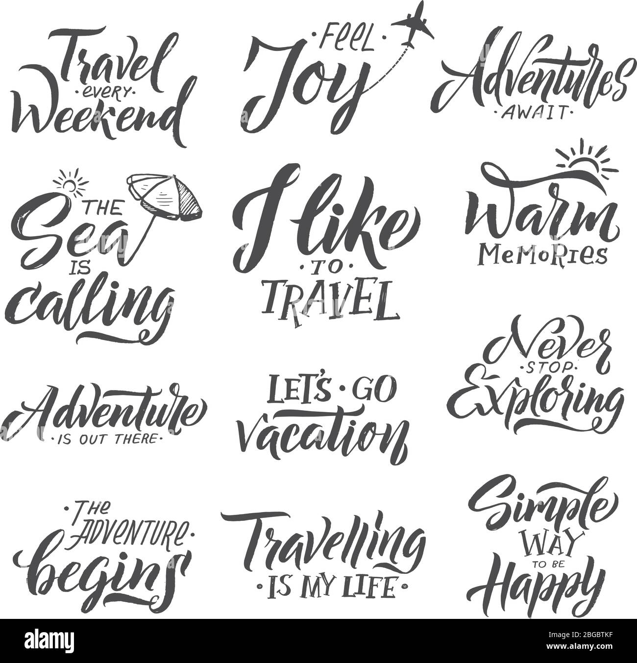 Jeu d'écriture manuelle Typographie. Mots de motivation et expression pour les voyageurs Illustration de Vecteur