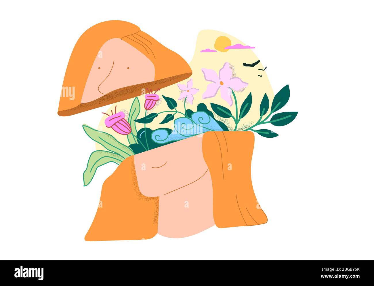 Tête de bande dessinée avec beau bouquet de fleurs et paysage isolé sur fond blanc Illustration de Vecteur