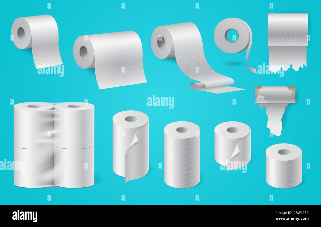 Rouleau de papier réaliste, essuie-tout, papier toilette emballé, ruban de caisse Illustration de Vecteur
