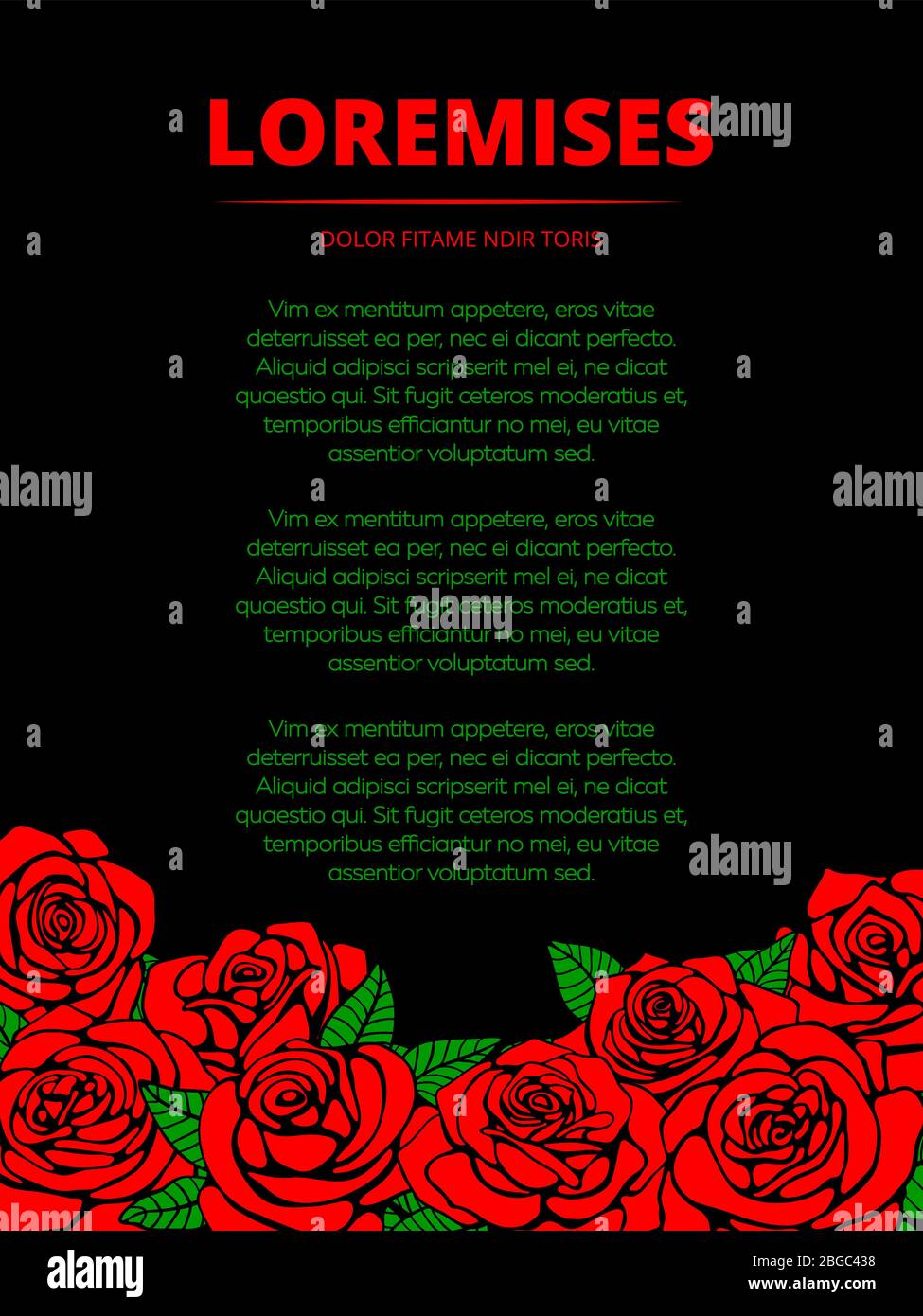 Bannière noire à affiche avec roses rouges et feuilles vertes. Illustration vectorielle Illustration de Vecteur