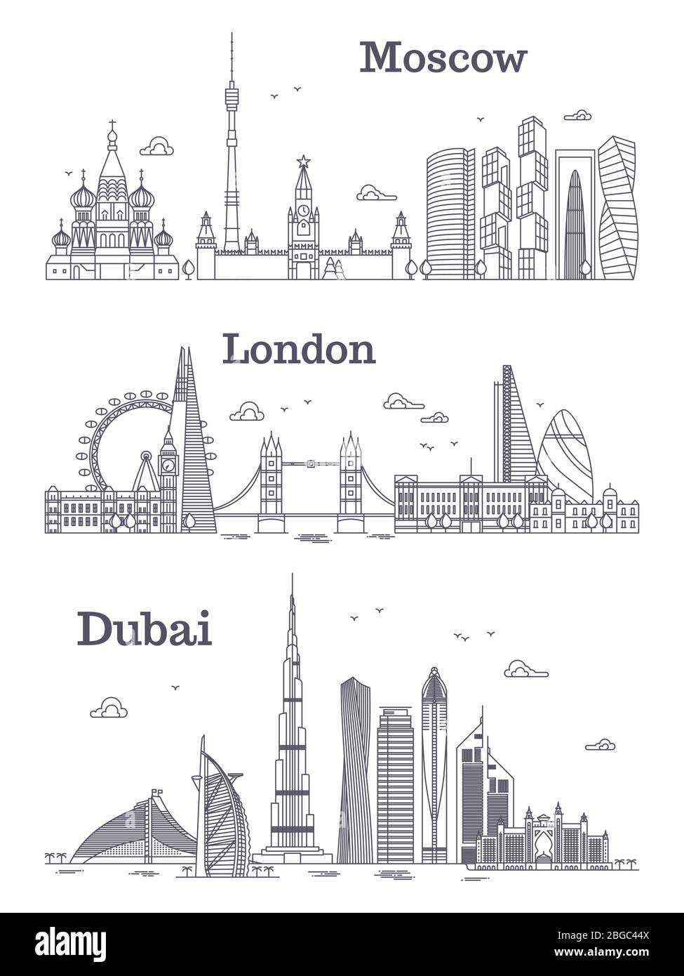 Moscou, Londres, Dubai monument linéaire, ville moderne, panorama avec bâtiments. Illustration vectorielle Illustration de Vecteur