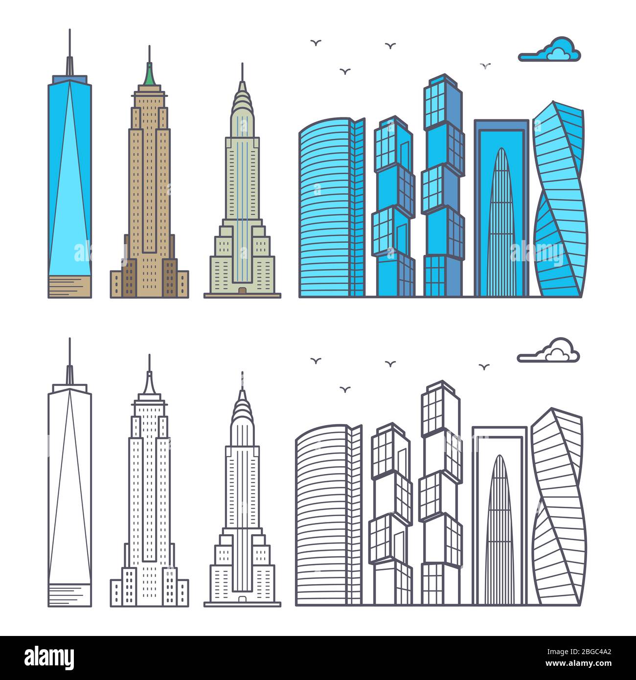 Gratte-ciel de ville linéaires et colorés isolés sur fond blanc. Gratte-ciel urbain, ensemble de bâtiments de contour. Illustration vectorielle Illustration de Vecteur
