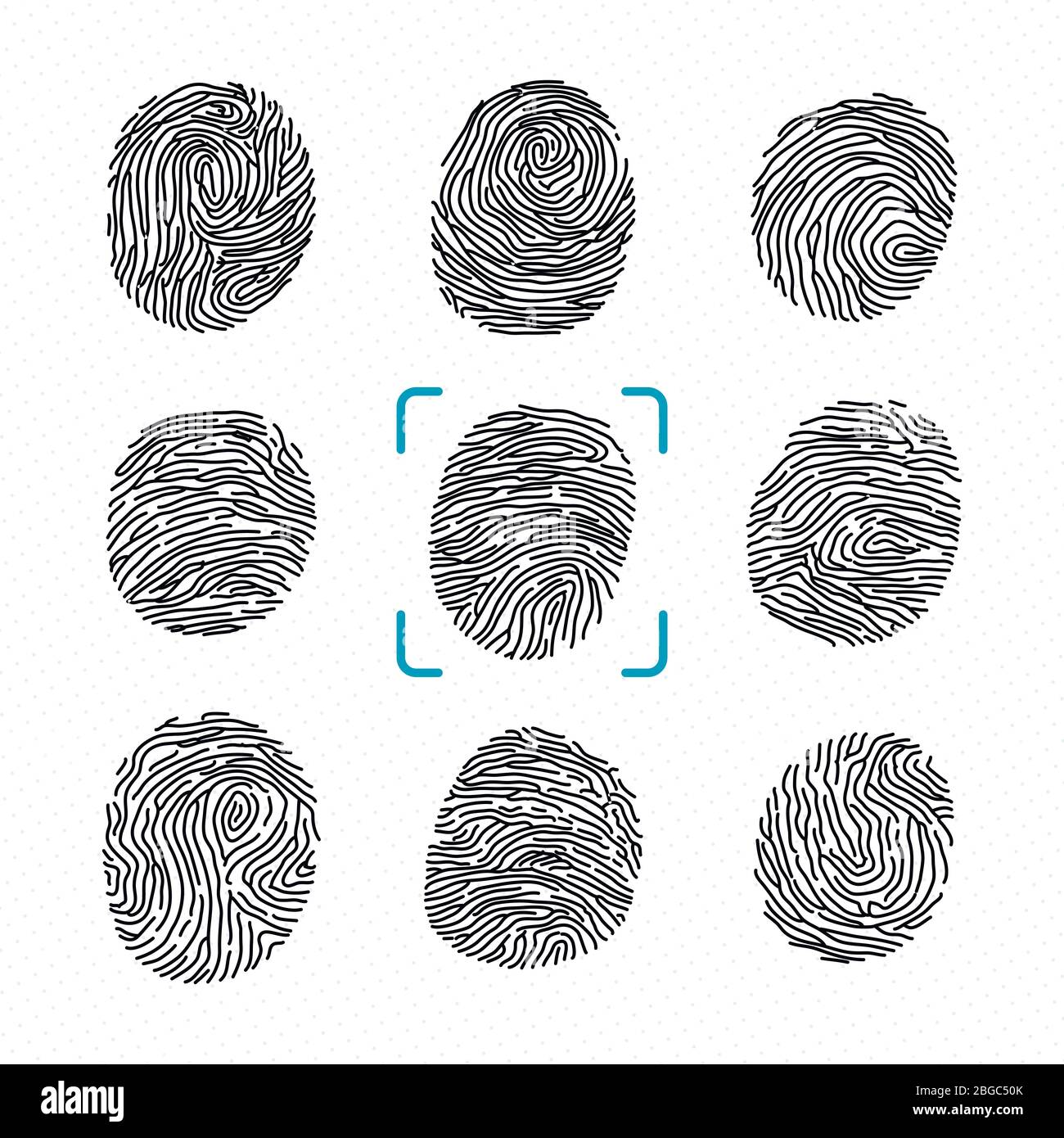 Jeu de différentes empreintes digitales. Scanner de police pour identité criminelle. Illustrations vectorielles monochromes Illustration de Vecteur
