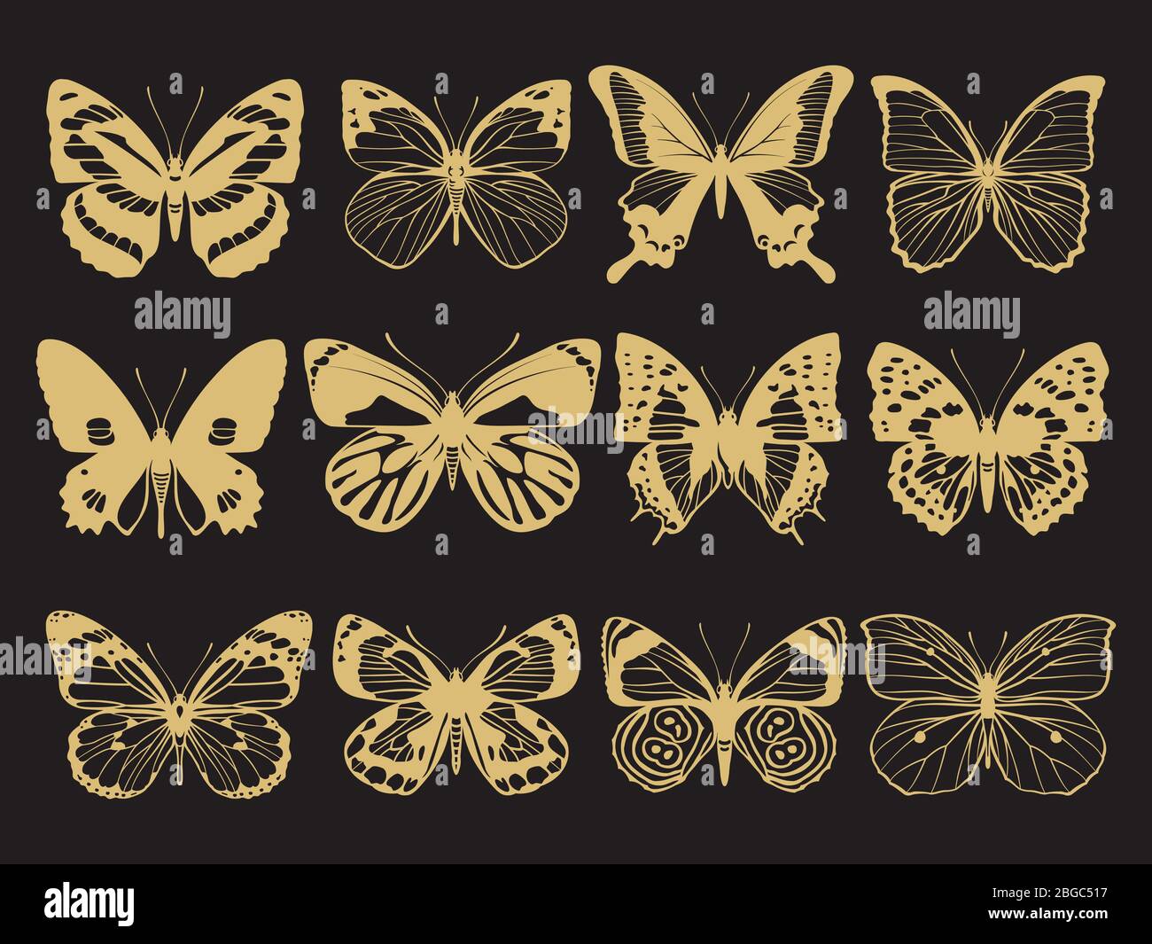 Décoration de papillons d'or de collection sur fond noir. Illustration vectorielle Illustration de Vecteur