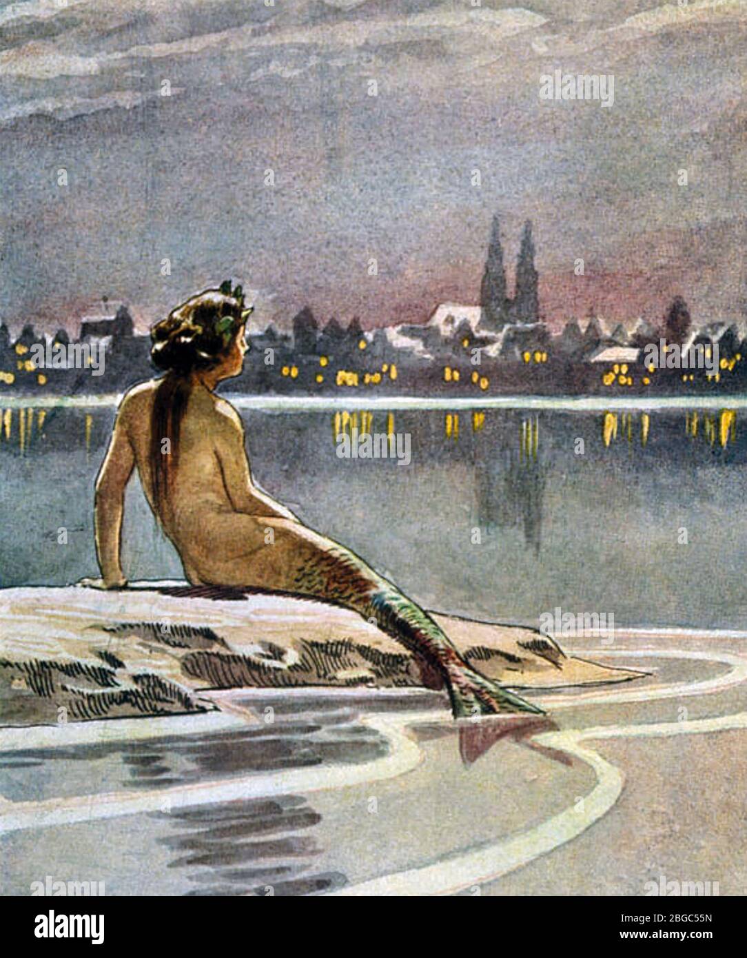 LA PETITE SIRÈNE dans le conte de fées de Hans Christian Andersen, regarde à travers l'eau jusqu'à Copenhague Banque D'Images