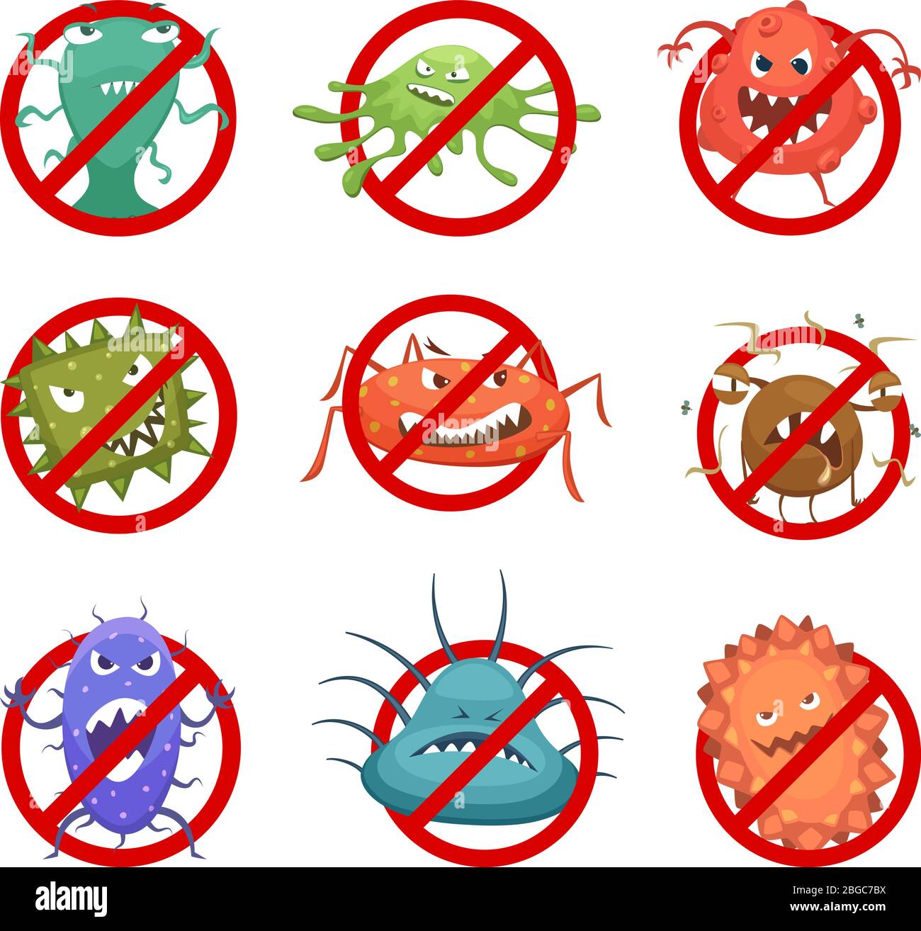 Signes ronds rouges avec différentes bactéries et germes. Illustrations vectorielles de dessins animés Illustration de Vecteur