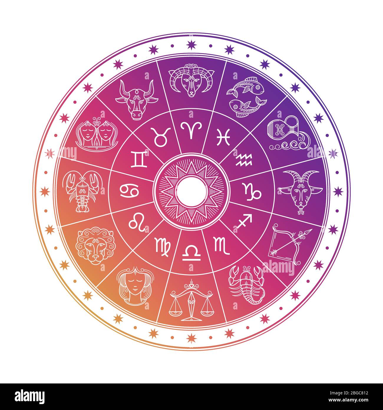 Motif cercles d'astrologie coloré avec des signes d'horoscope isolés sur fond blanc. Illustration astrologique de l'horoscope vectoriel du zodiaque Illustration de Vecteur