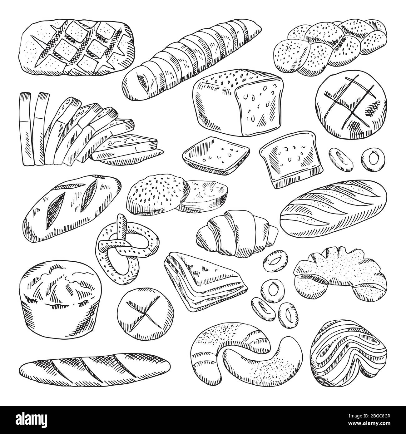 Types d'aliments de boulangerie sains. Croissant et pain frais. Images vectorielles dessinées à la main Illustration de Vecteur