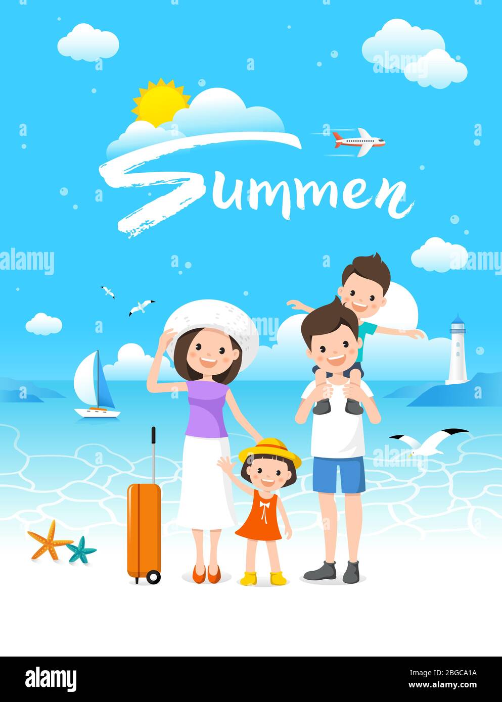 Vacances d'été, paysage de plage de mer et famille joyeuse. Illustration de Vecteur