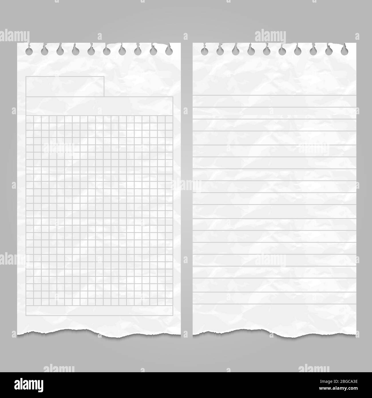 Modèles de papier feuille ou de page à lignes froissées pour les notes ou les mémos. Illustration vectorielle Illustration de Vecteur