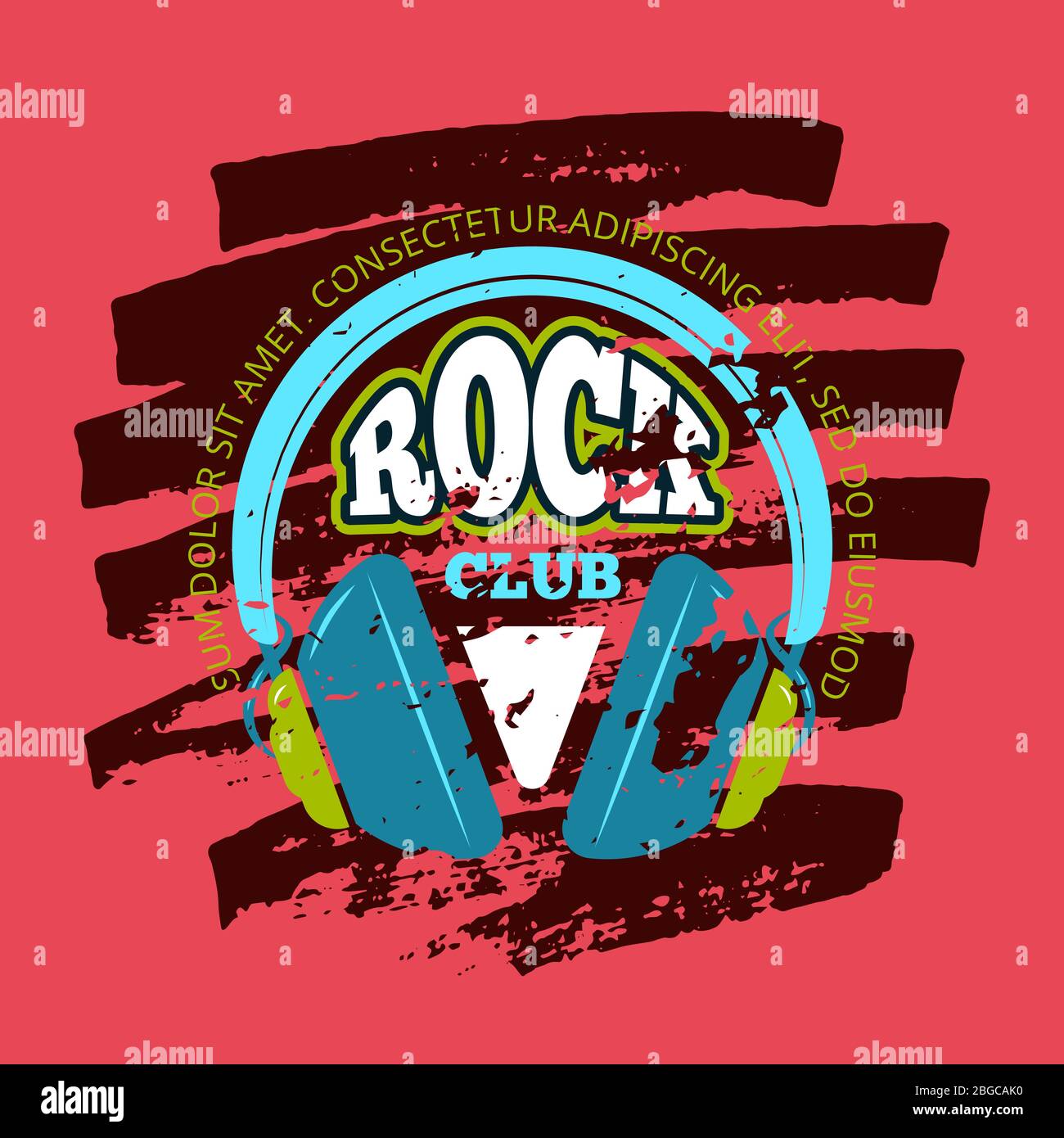 Rock Music Club, badge vectoriel, emblème avec casque Illustration de Vecteur
