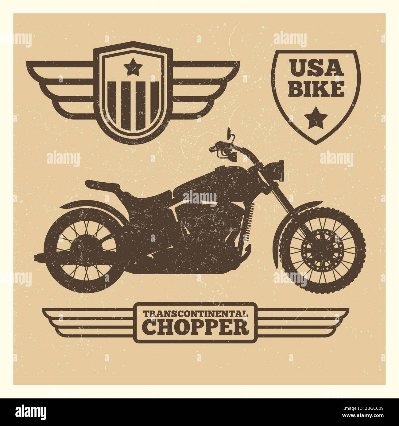 Silhouette de moto de sport et motif grunge sur les étiquettes d'aile vintage. Illustration vectorielle Illustration de Vecteur
