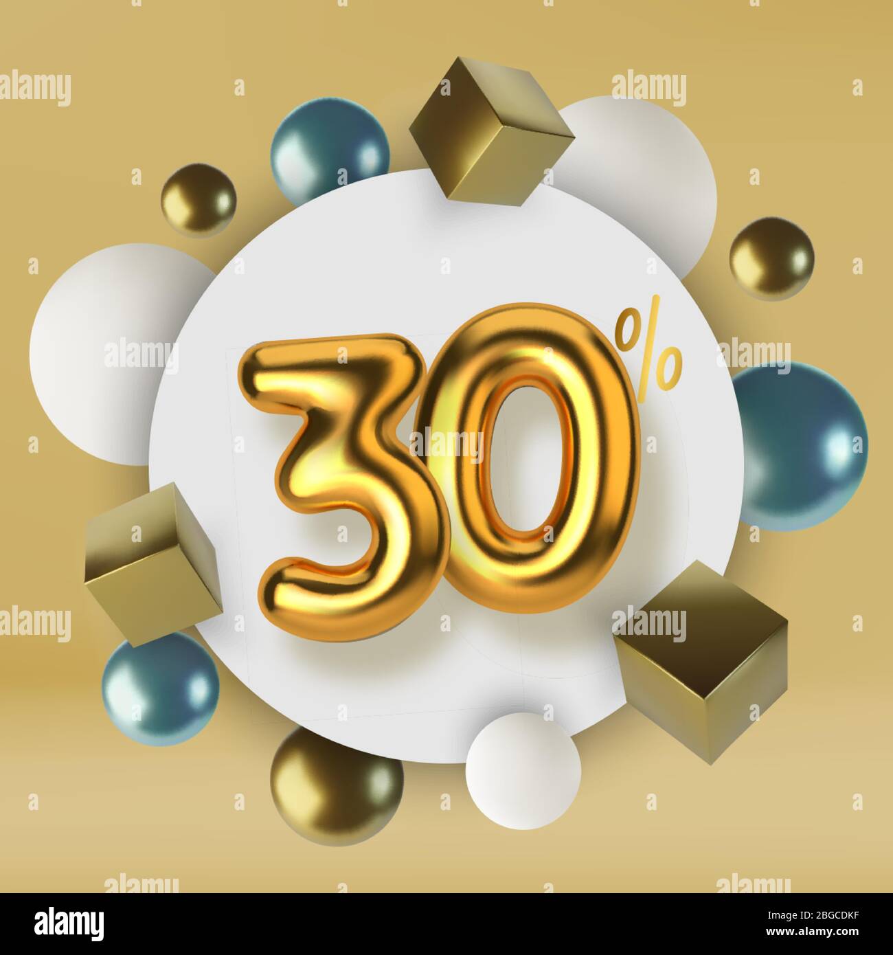 30 réductions sur la promotion en or tridimensionnel. Nombre sous forme de bulles dorées.sphères et cubes réalistes. Contexte abstrait de Illustration de Vecteur