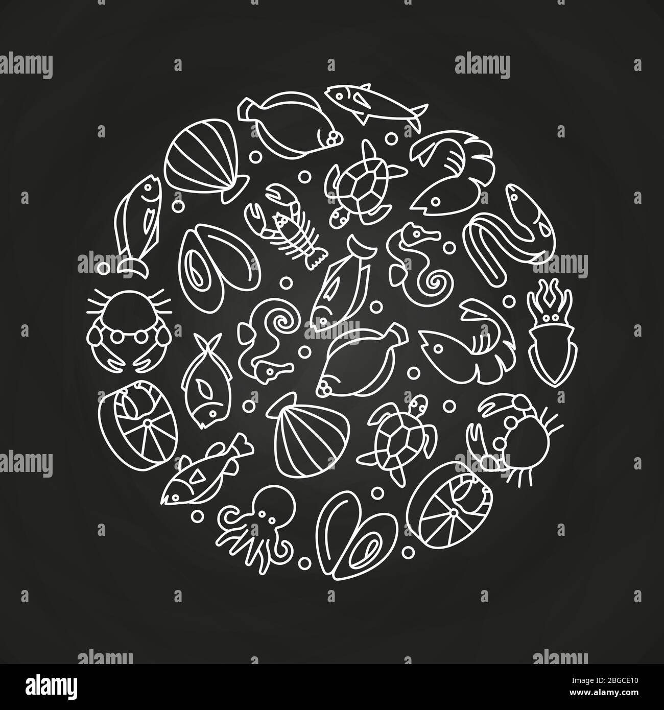 Blanc sealife linéaire icônes autour concept sur tableau de surveillance. Illustration vectorielle Illustration de Vecteur