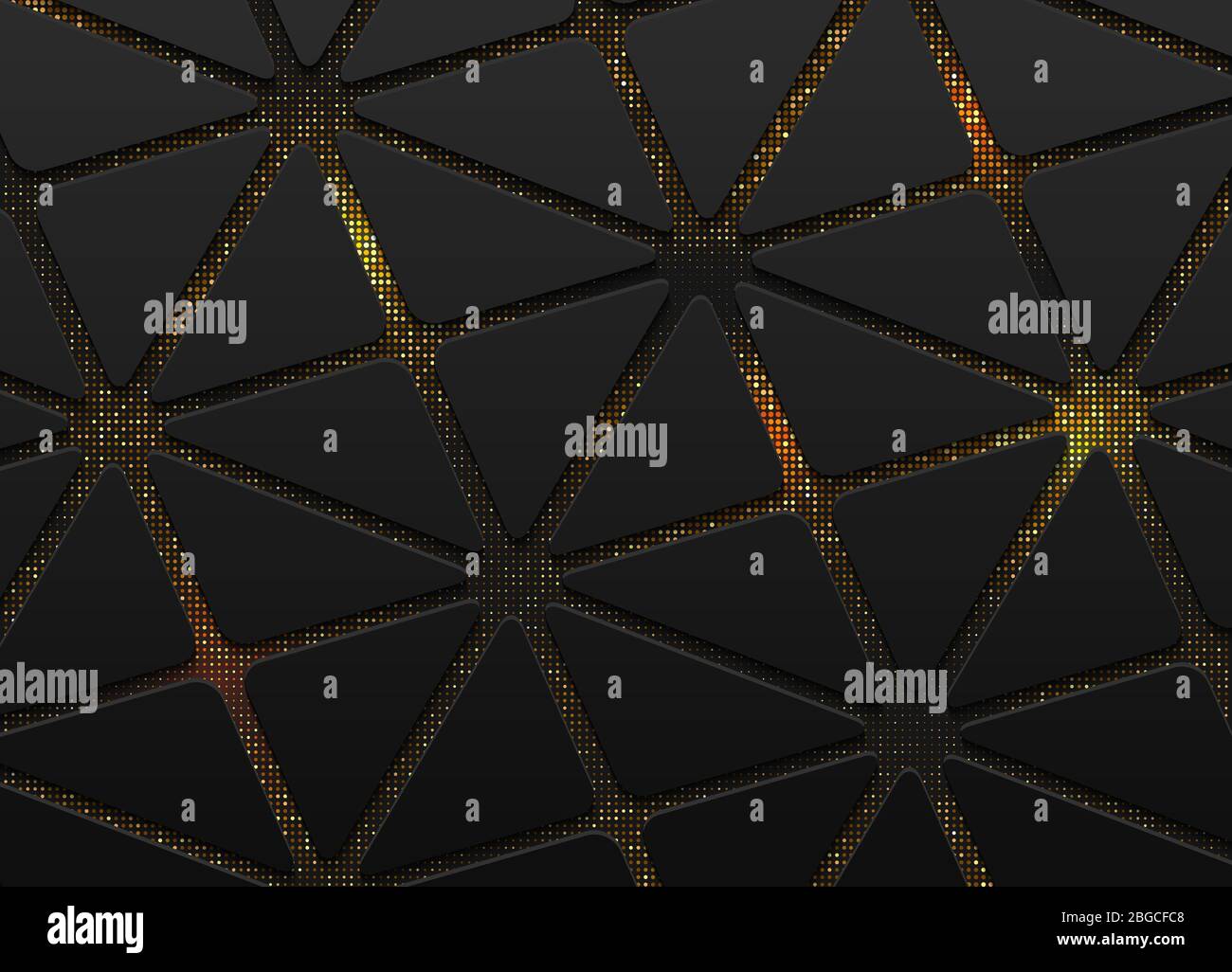 Fond vectoriel abstrait noir superposé avec effet de demi-teinte doré d'étincelles et formes de triangles. Les paillettes en pointillés brillants brillants brillants brillants brillants sont texturés Illustration de Vecteur