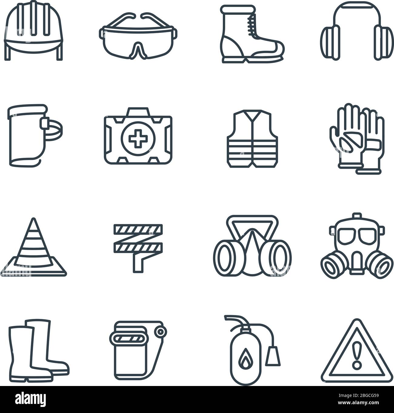 Icônes vectorielles de ligne d'équipement de travail de sécurité et de vêtements de protection. Illustration de l'équipement de sécurité et du respirateur de protection Illustration de Vecteur