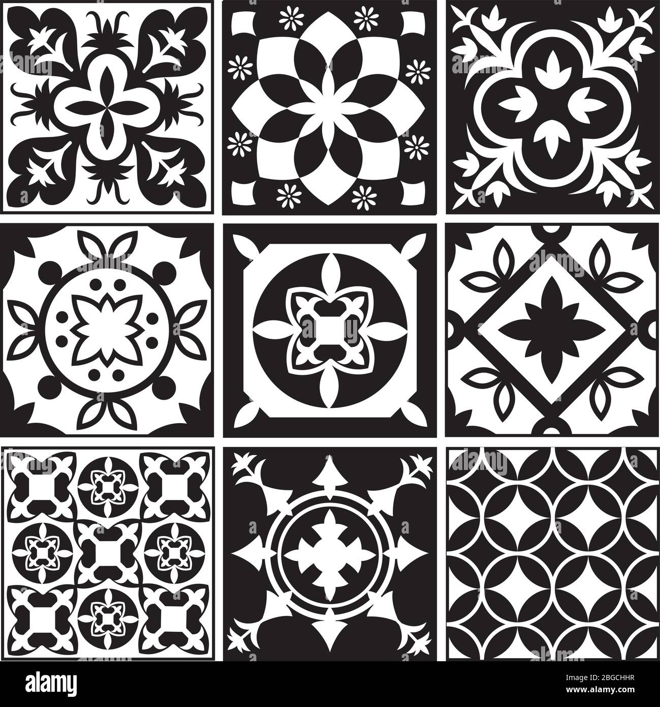 Carreaux répétitifs monochromes vintage. Motifs vectoriels marocains méditerranéens au sol carrelé. Illustration de mosaïque arabesque monochrome Illustration de Vecteur