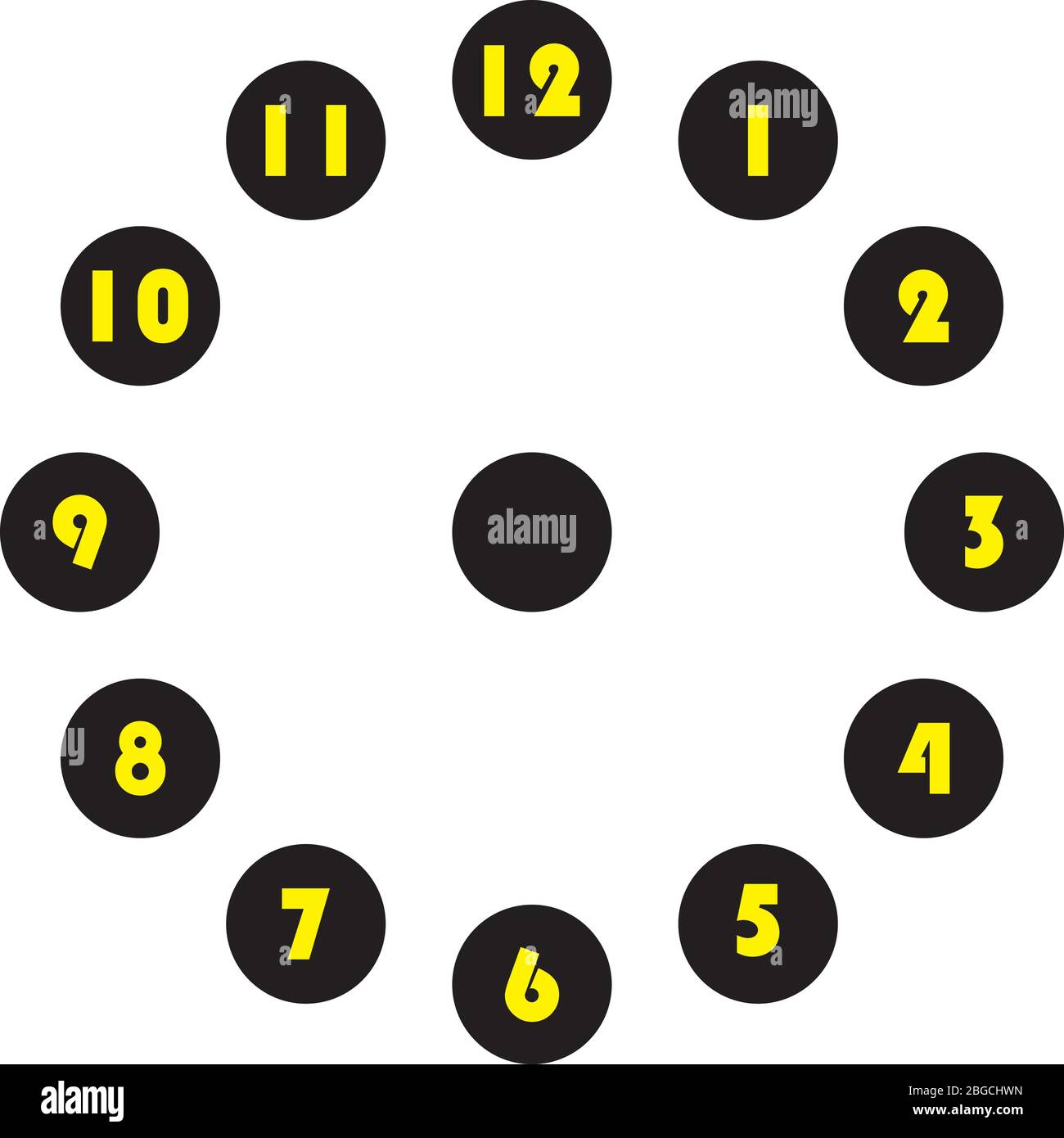 horloge composez des numéros énormes jaunes en cercle toutes les heures sur cercle noir sur fond transparent Illustration de Vecteur