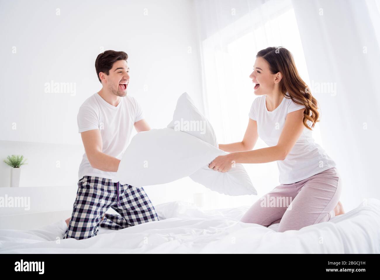 Photo De La Folle Dame Drole Gai Beau Gars Marie Couple En Amour Jouer A Des Draps De Lutte D Oreiller Lit Profiter Week End Samedi Matin Bon Excite Photo Stock Alamy