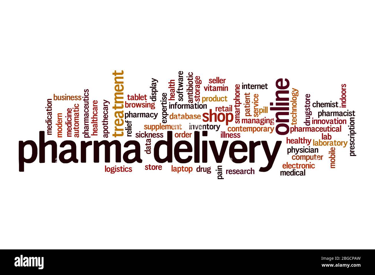 Concept de nuage de mots de livraison pharmaceutique sur fond blanc Banque D'Images