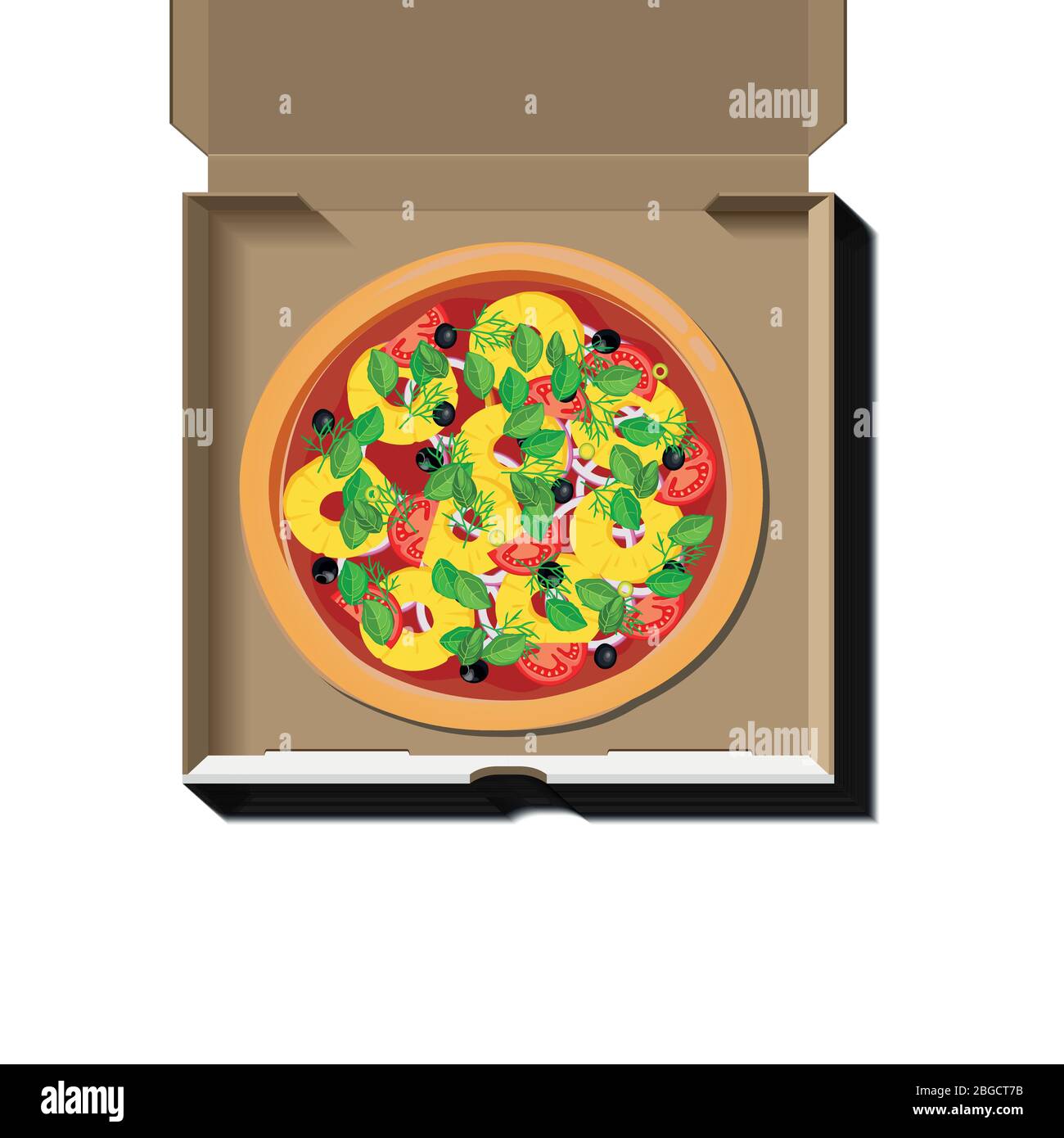 Pizza savoureuse avec ananas et olives dans une boîte en carton marron sur fond blanc isolé - modèle vectoriel. Affiche vectorielle de livraison de pizza Illustration de Vecteur
