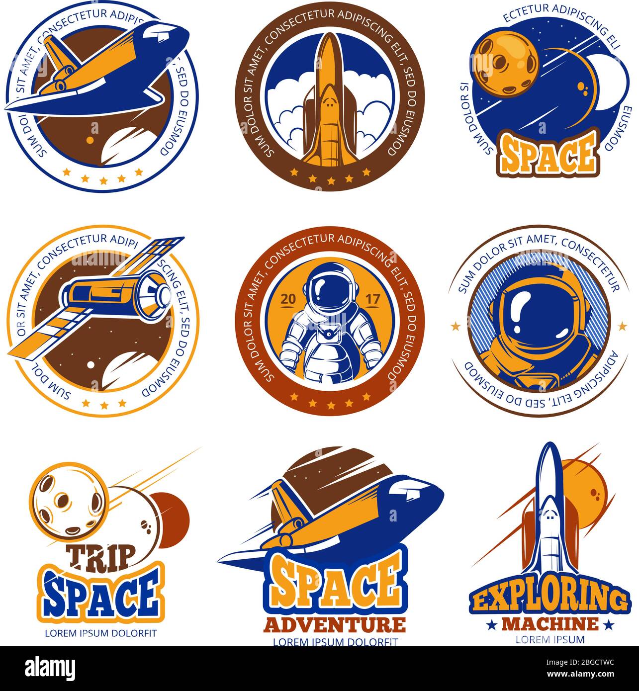 Vol astronaute, aviation, navette spatiale et roquettes anciennes étiquettes vectorielles, logos, badges, emblèmes Illustration de Vecteur