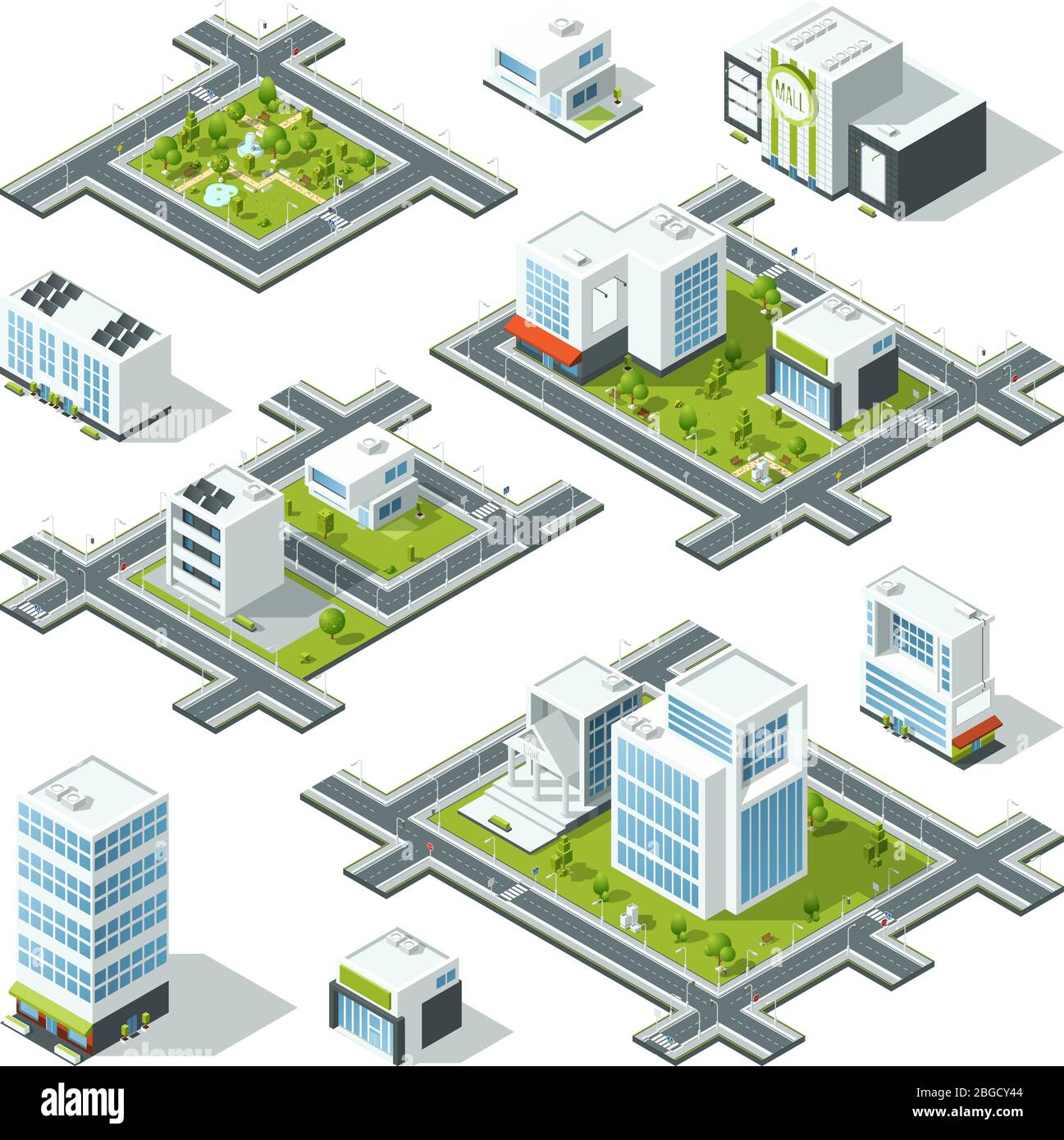 Illustration vectorielle isométrique en 3 dimensions avec immeubles de bureaux, gratte-ciel. Arbres et buissons dans la rue Illustration de Vecteur