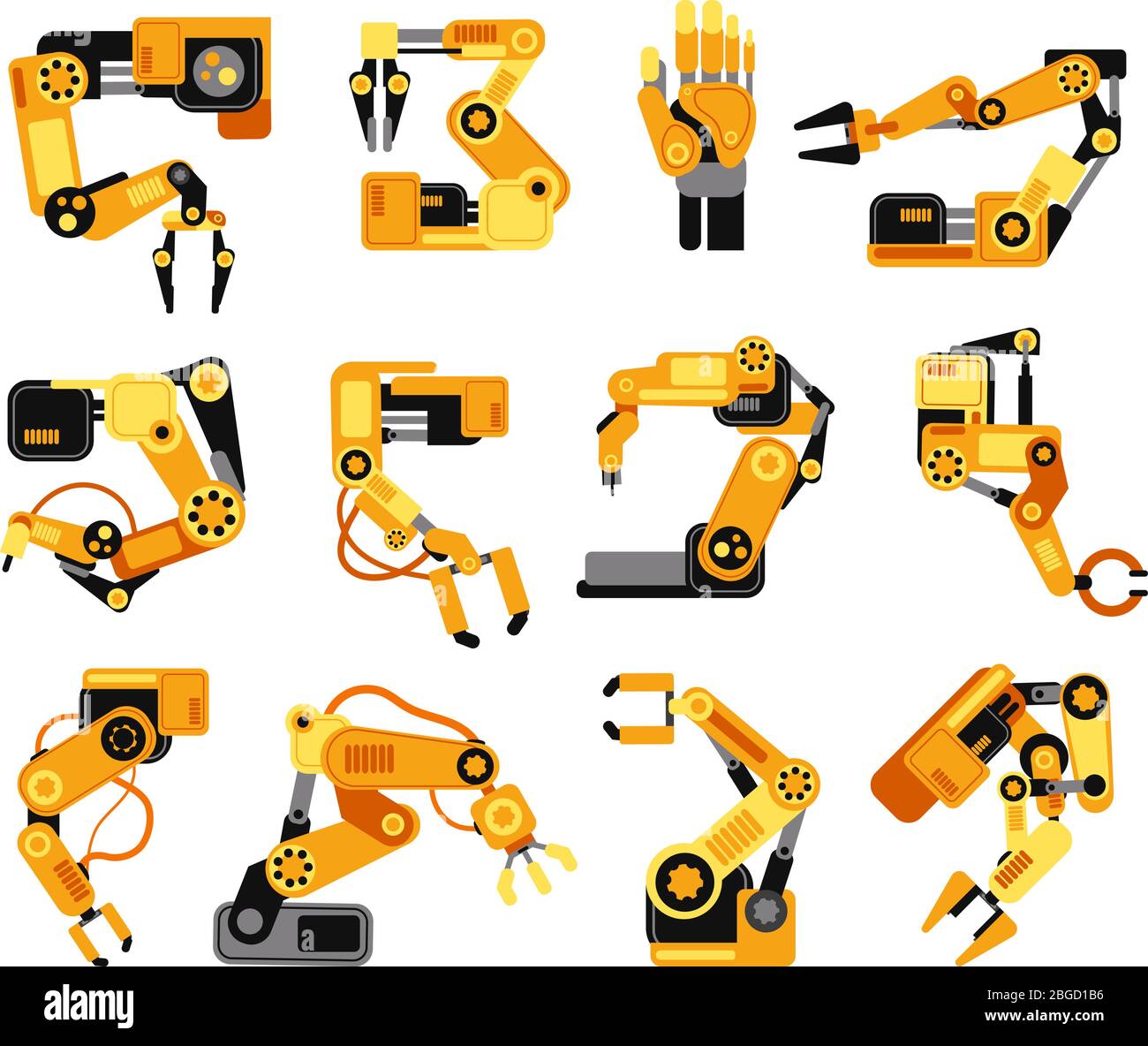 Les bras robotiques industriels fabriquent un ensemble vectoriel d'équipements d'assemblage de technologie. Équipement d'assemblage industriel pour l'illustration de la machine de fabrication Illustration de Vecteur