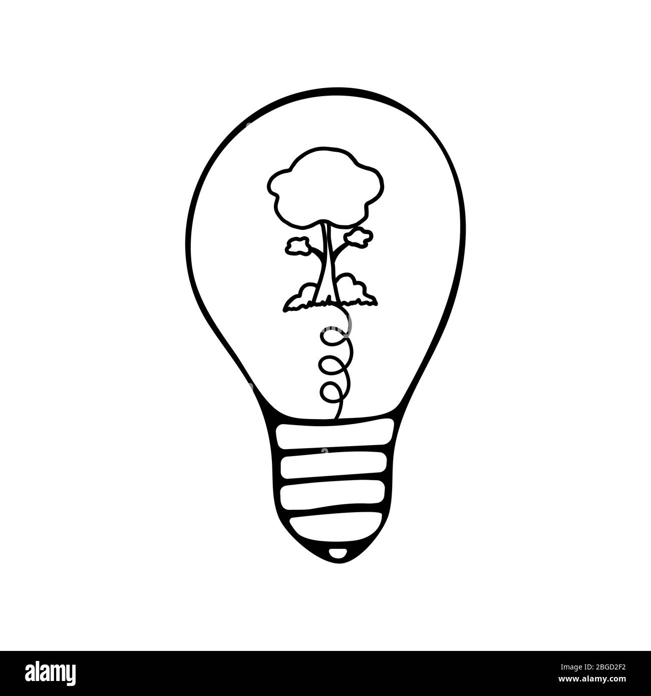 Heure de la terre.ampoule de feu avec un arbre à l'intérieur et des bagues.. Sauver la planète. Illustration de style gribouille noir et blanc Illustration de Vecteur